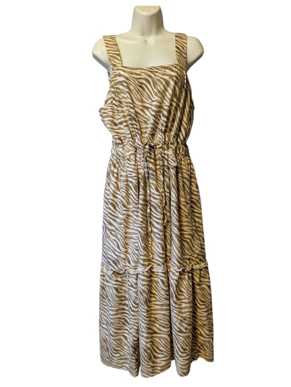 Cactus + Pearl Sleeveless Tan Zebra-Print Linen  Midi Maxi Dress